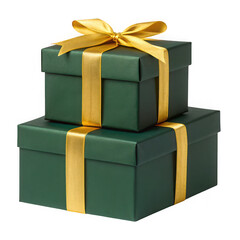 Elegant dark green gift boxes stacked with shiny gold ribbon perfect for any occasion
