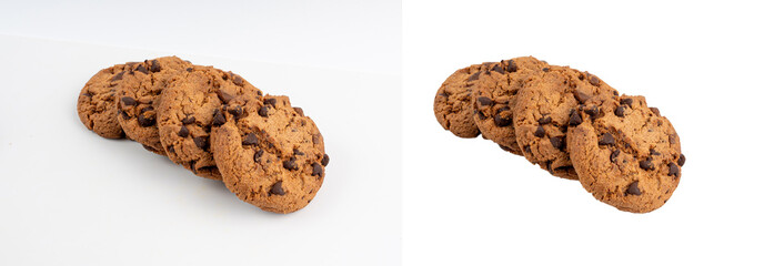 Chocolate chips cookies isolated, American biscuits, cocoa confectionery cake, sweet morsels bakery