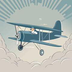A vintage biplane soars through the clouds, piloted by a stylish aviator.