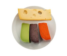 Cheese plate of color cheeses variety, yellow, red, green maasdam platter, colour cheese board