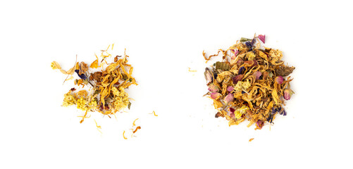 Dried edible flowers mix, Helichrysum arenarium, dwarf everlast, medical herb tea pile isolated