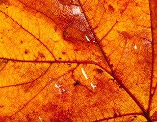Detailed Macro Shot of an Autumn Leaf with Intricate Veins and Vibrant Orange and Yellow Hues