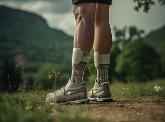 A determined athlete with a prosthetic leg hikes a scenic trail, showcasing resilience and athleticism in nature