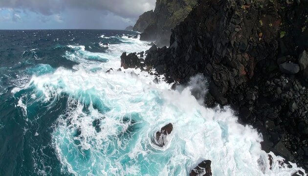 Powerful waves crashing against volcanic cliffs