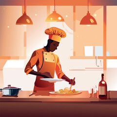 A chef, in an orange uniform, plating a dish in a modern kitchen setting.