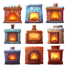 A charming collection of cartoon illustrations featuring various cozy fireplaces and wood stoves, adorned with snow and emitting warm, inviting flames, perfect for winter themes