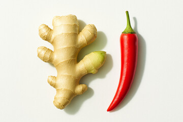 Fresh Ginger Root and Red Chili Pepper on White