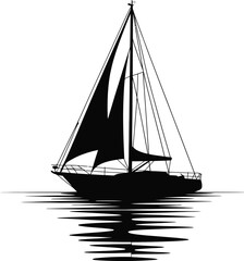 Fototapeta premium Black sailboat on water sailing reflection