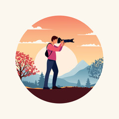 Photographer capturing scenic sunset landscape with telephoto lens.