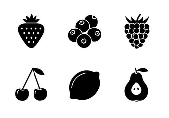 Six monochrome fruit icons: strawberry, blueberries, raspberry, cherries, lemon, and pear.