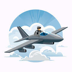 Stylized vector illustration of a military pilot flying a modern fighter jet plane through the sky with clouds and sun rays