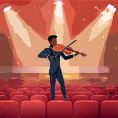 A lone violinist performs on stage, bathed in spotlights before a large audience in a concert hall.
