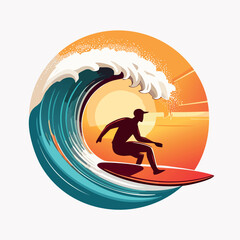 Silhouette surfer riding a large wave at sunset, vibrant colors, circular design.