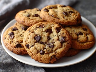 A close-up shot of several soft, golden-brown chocolate chip cookies stacked on a simple white plate, set against a subtly textured gray background