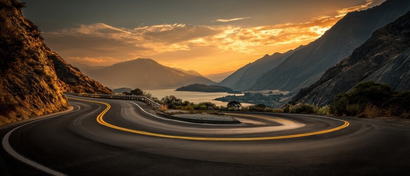 Winding mountain road at sunset with dramatic curves, overlooking a scenic lake and distant mountains under a glowing sky