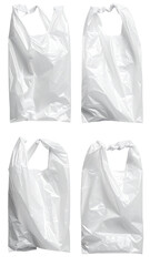 Four empty, white plastic shopping bags, arranged in a grid.  Each bag has a slightly different shape and drape, due to their flexible material.  Small, roughly-shaped holes are present for handles