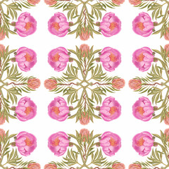 Hand drawn print. Seamless watercolor botanical pattern with peonies and protea on white © Grin Katalin