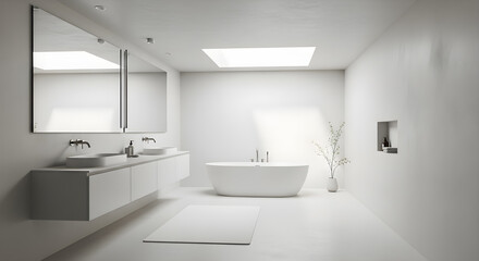 A minimalist white bathroom featuring a freestanding bathtub, double vanity, and a skylight.