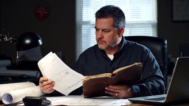 Architect Cross-Referencing Old Book with Modern Blueprints for Project Integration