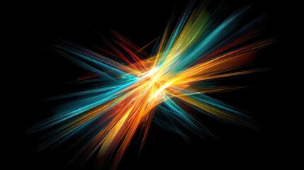 Vivid abstract light streaks in blue and orange burst from the center over a black background, creating a dynamic, energetic visual effect