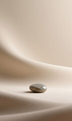 A solitary smooth stone rests on a gently draped beige fabric, creating a serene and minimalist composition for wellness and balance