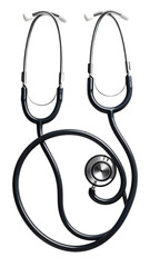 Medical stethoscope, two earpieces, circular tubing, metallic, dark gray