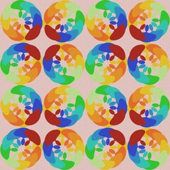 Colorful Swirling Petal Pattern, Abstract Rainbow Floral Discs, Vibrant Geometric Blossom Repetition, Textured Circular Kaleidoscope, Playful Multi-Color Pinwheel Motif.