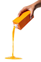 Orange juice pouring from a carton. Hand holding carton
