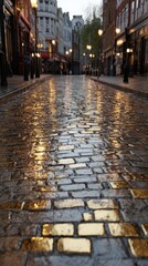 Obraz premium A wet cobblestone street at dusk, reflecting the golden light from streetlamps lining the buildings on either side, creating a warm and inviting atmosphere