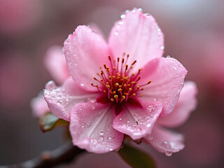 Obraz premium Macro 4K image of a pink cherry blossom (Prunus serrulata) covered in raindrops after spring shower