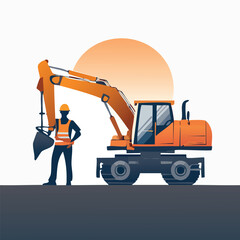 Vector illustration of a construction worker standing near an excavator, with a sun.