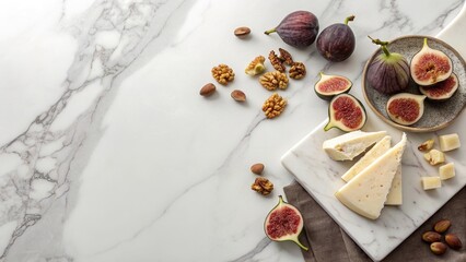 Marble countertop featuring a minimalist arrangement of figs, nuts, and cheese during a casual afternoon gathering