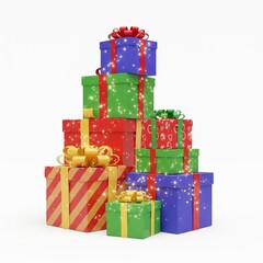 Obraz premium Stacked Christmas Presents with Colorful Ribbons on White Background