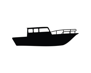 Silhouette of a Boat with Cabin and Railing on a White Background