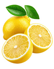 Fresh lemons, whole and sliced, with vibrant yellow flesh and green leaves