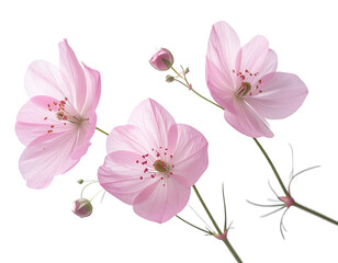Close-up of three delicate, pale pink flowers.  Soft petals,  distinct  stamens.  Slight  variation in petal  shape.  Stems  and buds  visible