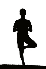Silhouette of Man Doing Yoga Tree Pose at Sunset � Meditation and Balance Concept