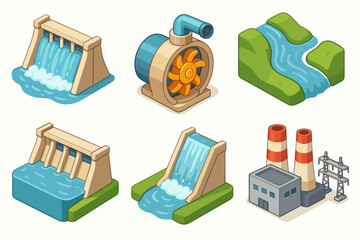 Illustrated hydro power icons with dams, waterfalls, turbine, and power plant