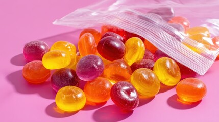 Colorful hard candies spill from a plastic bag onto a vibrant pink background