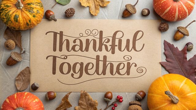 Stylized typographic thanksgiving quote saying thankful together surrounded by fall decorations and nature elements