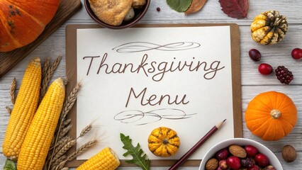 Thanksgiving menu beautifully written in cursive surrounded by seasonal decorations and ingredients