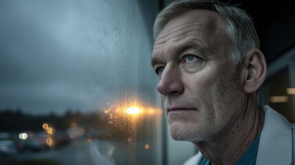 An older man gazes thoughtfully out a rain-speckled window at dusk, illuminated by soft, moody light