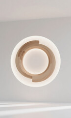 A minimalist design concept featuring a glowing circular wooden lamp creating serene ambient light against a clean white background