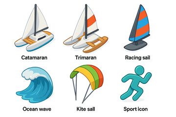 Colorful nautical sport icons featuring boats, waves, and sailing equipment
