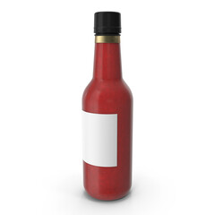 Hot sauce bottles with blank labels and red chili peppers, isolated on transparent background, 3d Png