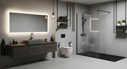 Modern bathroom with a floating vanity, illuminated mirror, and a walk-in shower with a black shower base.