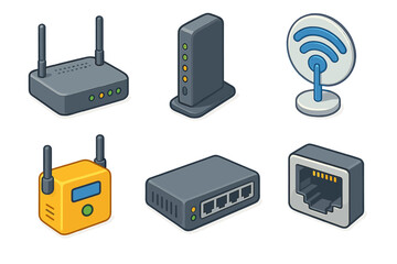 Variety of internet network devices including router and modem isometric icons