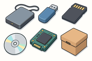 Collection of digital storage devices and media icons in isometric style