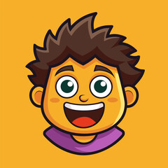 Joyful cartoon boy avatar with big eyes and open mouth smiling brightly on orange background
