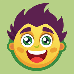 Joyful cartoon boy avatar with big eyes and open mouth smiling brightly on orange background